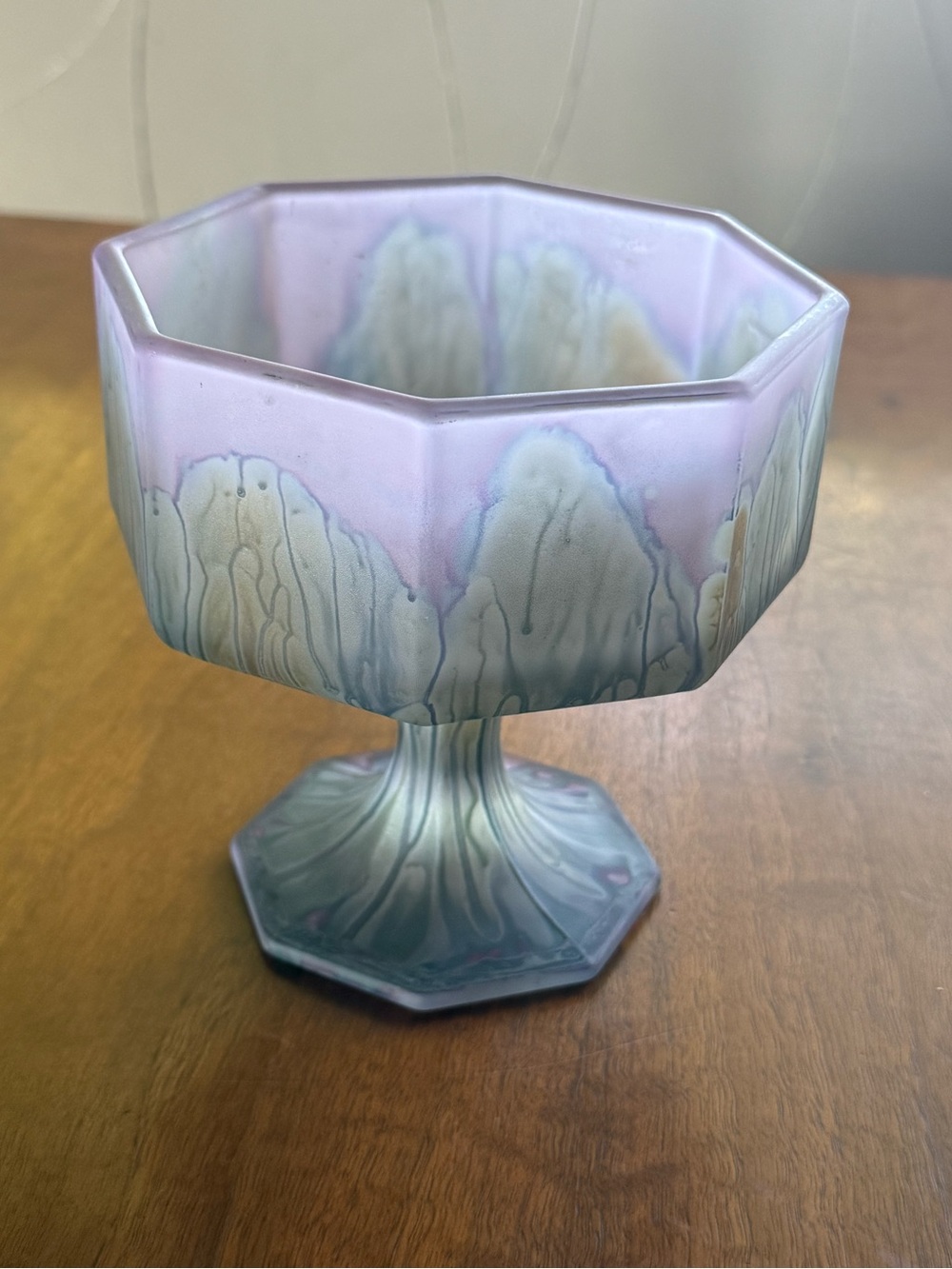 Vintage Frosted Art Glass Pedestal Compote Bowl Lavender Green Octagon